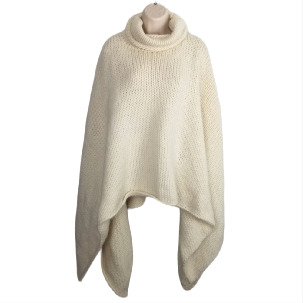Gleneden Merino Wool Thick Knit Poncho Quiet Luxury Cream Turtle Neck Cottagecor
